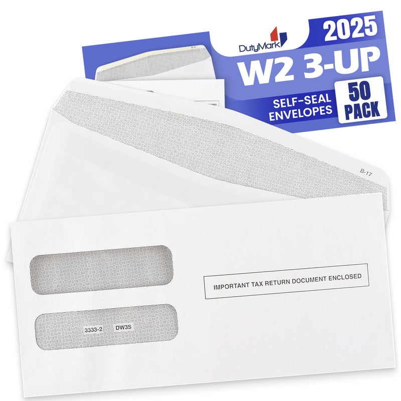 Dutymark W-2 Tax Envelopes for 3-Up Horizontal, Double Window Self-Seal Security Envelope, W-2 with the Side Stub RemovedTax Forms Pack of 50 Envelopes - Image 3